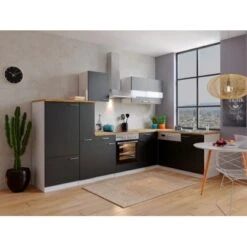Respekta Winkelküche KBL310WSCG 310 X 172 Cm Schwarz-Weiß-Butcher Nussbaum