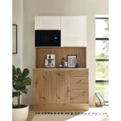 Respekta Buffet Mit Mikrowelle Zu Küchenzeile Marleen Artisan-Eiche Weiß Hochgl.