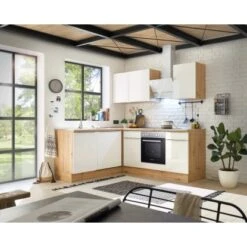 Respekta Küchenzeile Marleen 220 Cm Artisan-Eiche Weiß Hochglanz Winkel